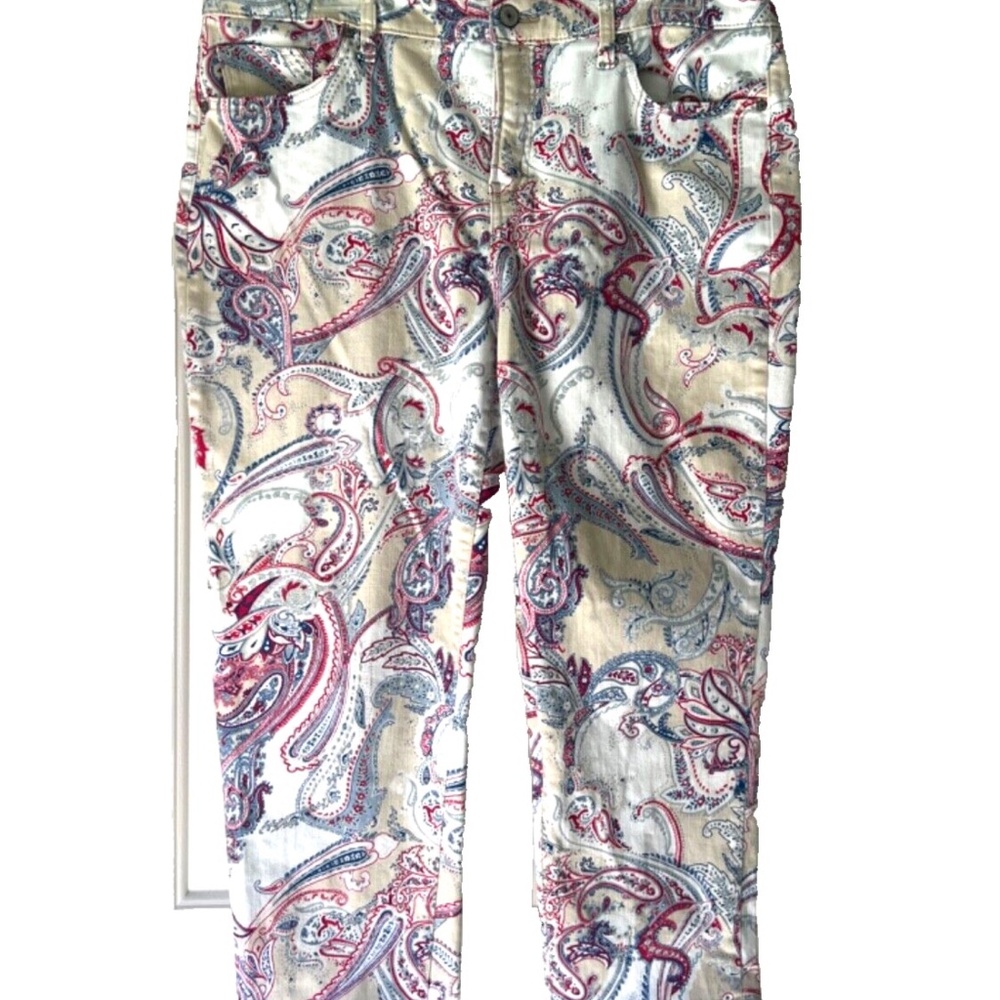 Chicos sz 2 Regular sz 12 Beige Blue Red Paisley So Slimming Girlfriend Crop - Picture 9 of 11